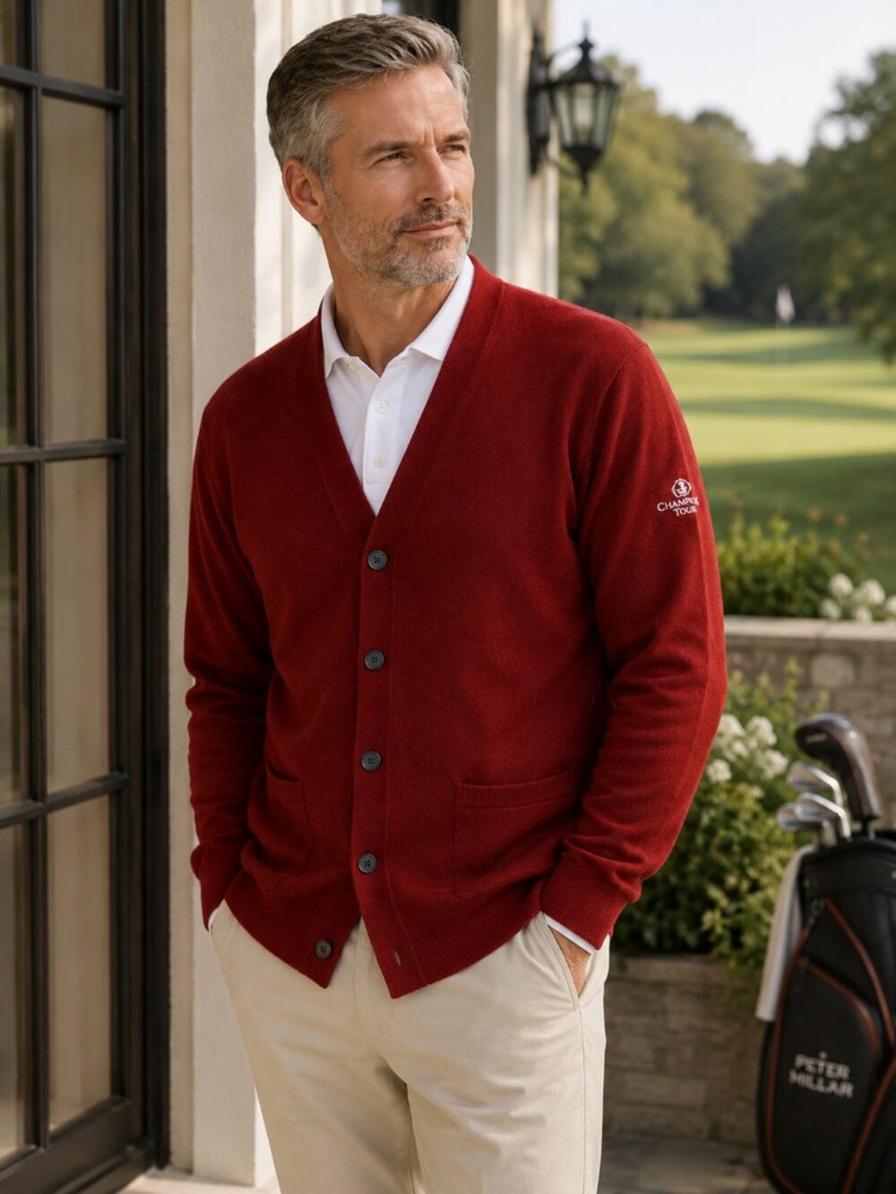 Peter Millar Cardigan Mens L Red Wool Champions Tour Golf Button Front Sweater